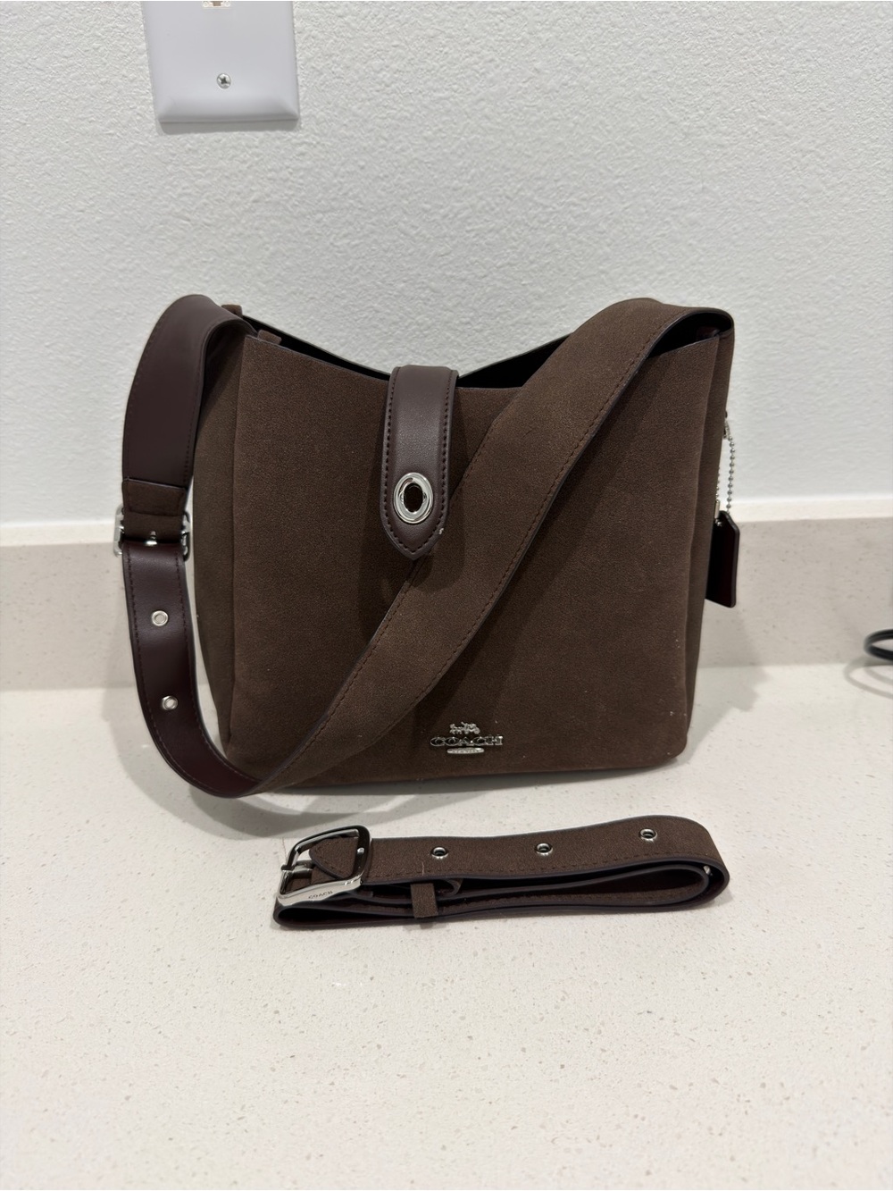 Coach Brown Suede Messenger Bag with Adjustable Strap